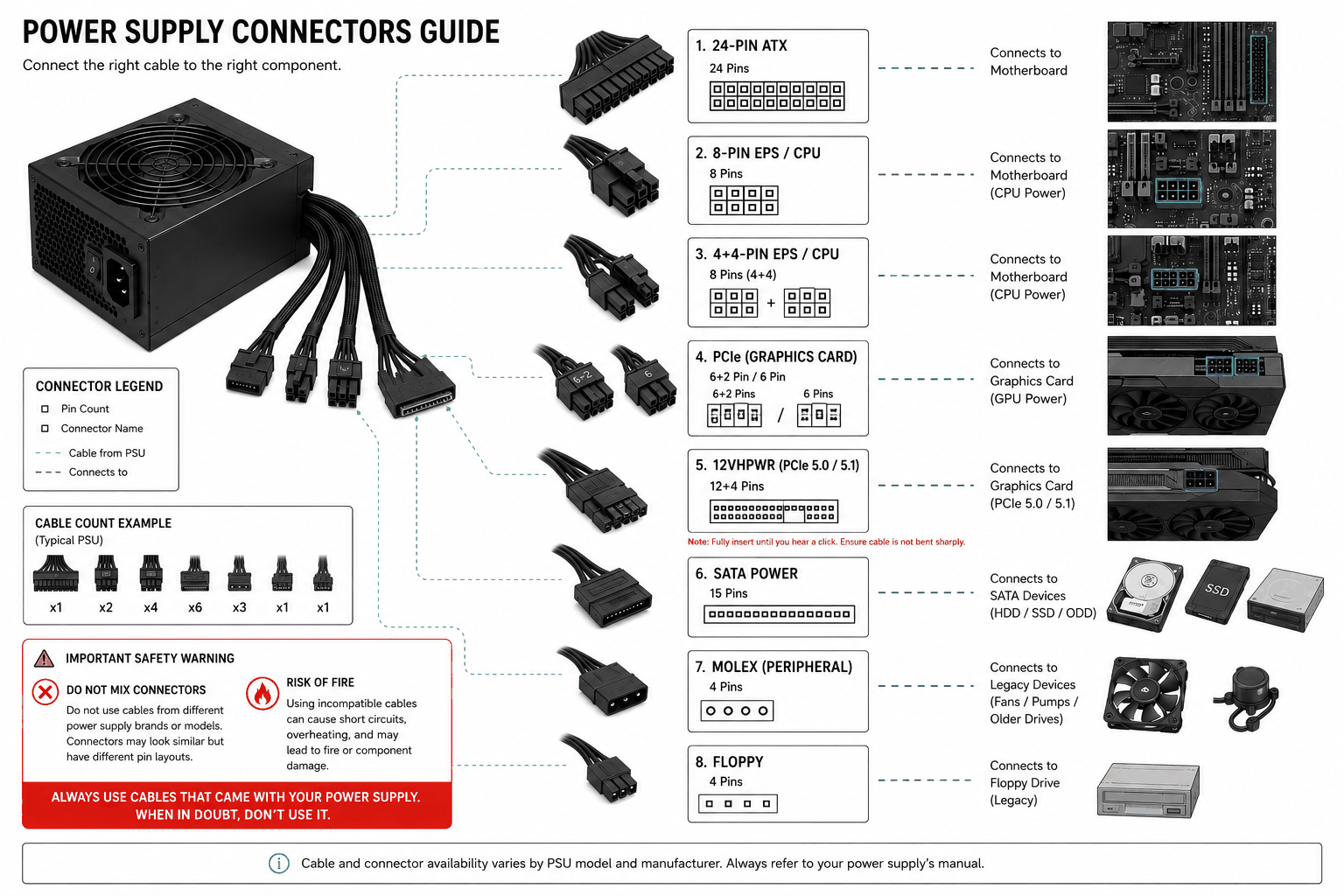 Power supply connectors guide: 24-pin ATX, 8-pin and 4+4 EPS CPU, PCIe 6+2, 12VHPWR, SATA, Molex and floppy connectors, each with its pin layout and destination