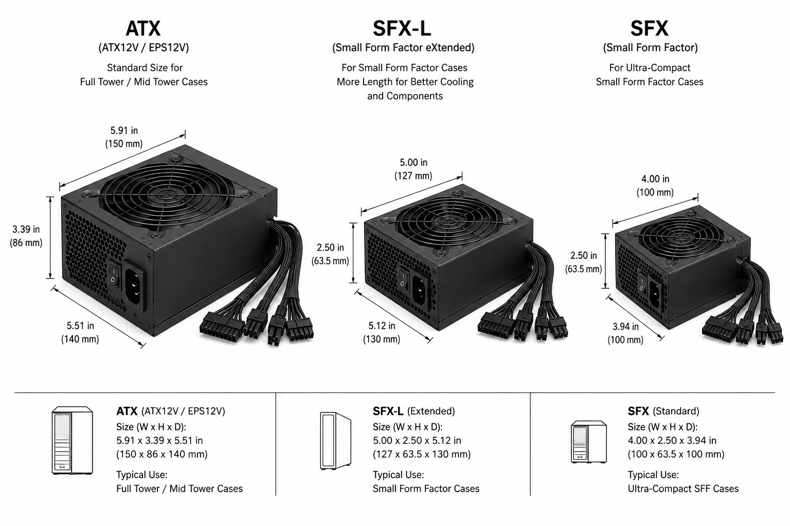 ATX, SFX-L and SFX power supplies compared, with width, height and depth in inches and millimetres, and the case type each suits