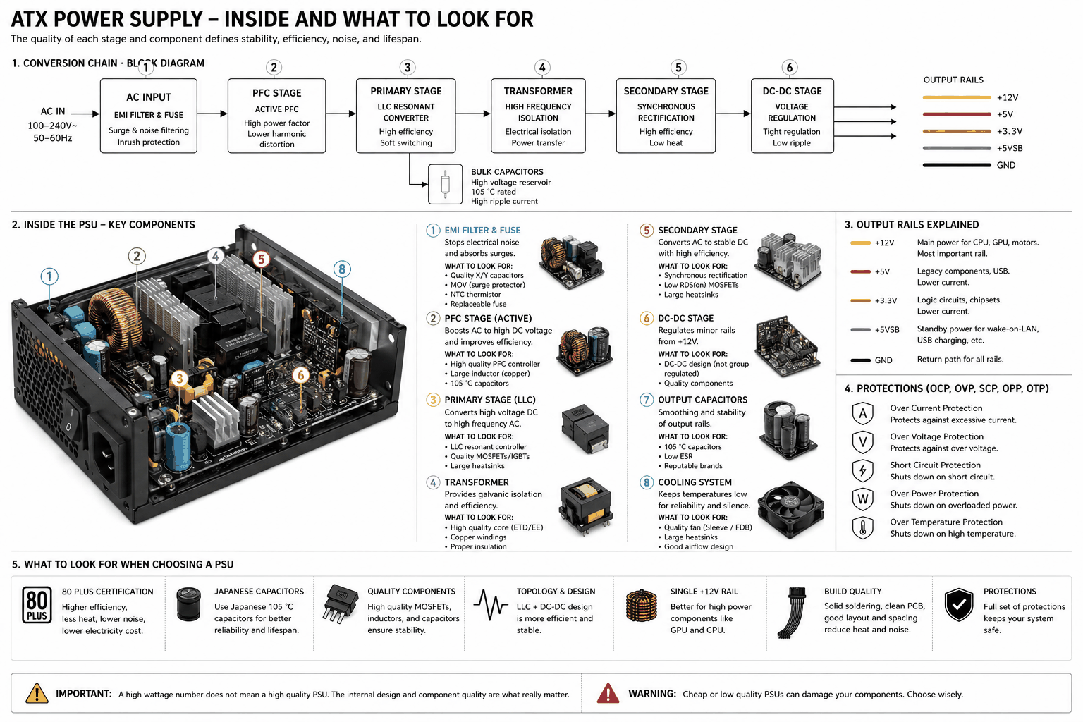 ATX power supply internals: conversion chain block diagram, a real board with stages numbered, plus output rail meanings and the five protection types